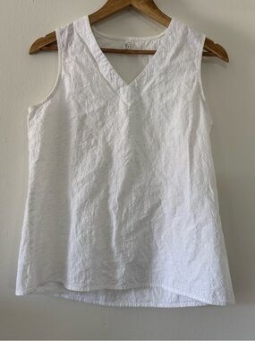 White V-Neck Sleeveless 100% Cotton Tank Linen Look Summer Women’s M Boho